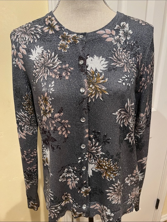 Charter Club Sweaters - Charter Club Gray Floral Metallic-Thread Button Cardigan with Floral Print